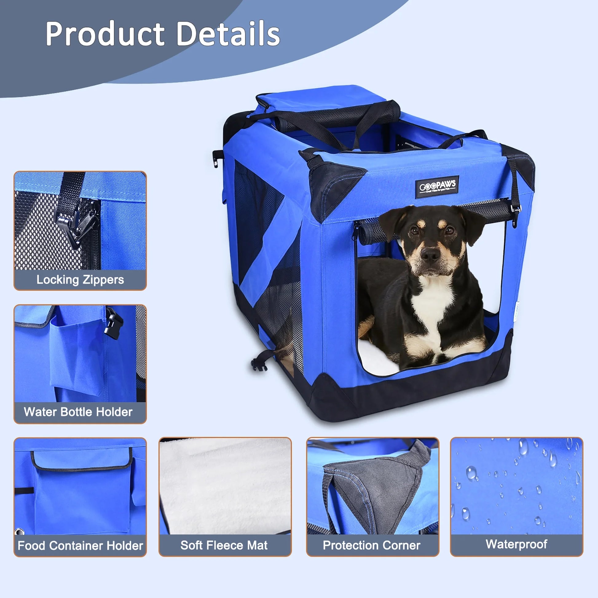: 30" Soft Pet Crate - Blue - Dogs & Cats up to 50 Lbs, 3 Door Folding Kennel, Indoor Outdoor Travel Carrier, Mesh Windows, Fleece Mat, Goopaws