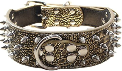 Spiked Leather Dog Collar Bullet Rivets Studded 2 Inch Width Stylish Leather Dog Collars for Medium & Large Dogs Pitbull(Gold Brown,Xl)