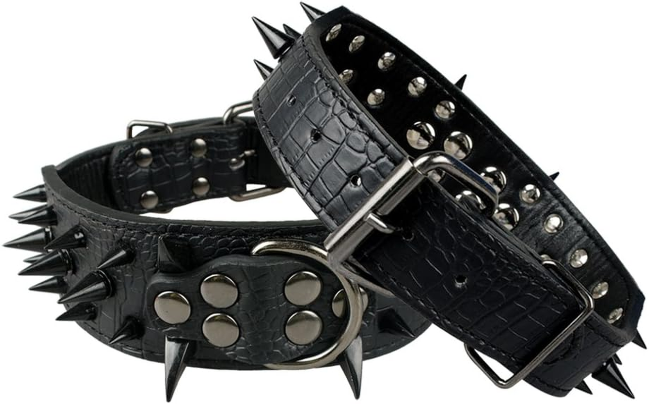Sharp Spiked Studded Dog Collar - Stylish Leather Dog Collars - 2 Inch in Width Fit for Medium & Large Dogs - Such as Pitbull Mastiff - Black Rivets & Black Leather,19-22"