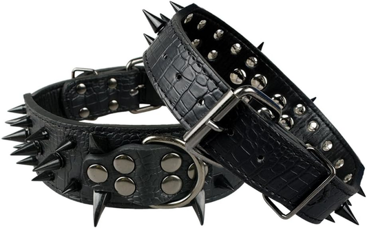 Sharp Spiked Studded Dog Collar - Stylish Leather Dog Collars - 2 Inch in Width Fit for Medium & Large Dogs - Such as Pitbull Mastiff - Black Rivets & Black Leather,19-22"