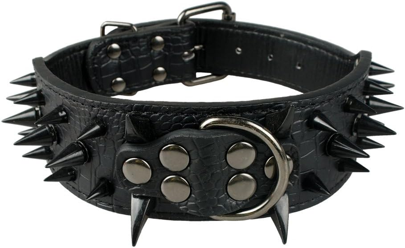 Sharp Spiked Studded Dog Collar - Stylish Leather Dog Collars - 2 Inch in Width Fit for Medium & Large Dogs - Such as Pitbull Mastiff - Black Rivets & Black Leather,19-22"