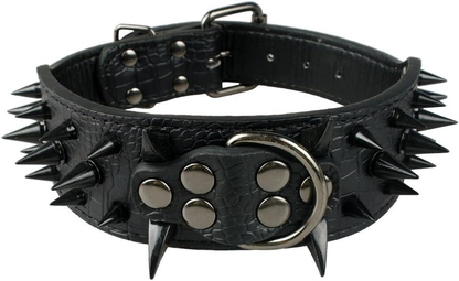 Sharp Spiked Studded Dog Collar - Stylish Leather Dog Collars - 2 Inch in Width Fit for Medium & Large Dogs - Such as Pitbull Mastiff - Black Rivets & Black Leather,19-22"