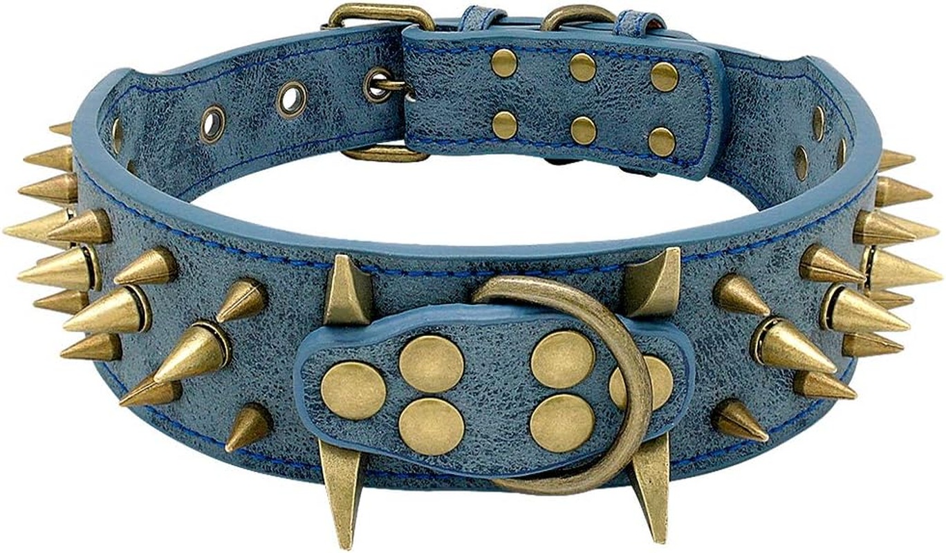 Sharp Spiked Studded Dog Collar - Stylish Leather Dog Collars - 2 Inch in Width Fit for Medium & Large Dogs - Such as Pitbull Mastiff - Black Rivets & Black Leather,19-22"