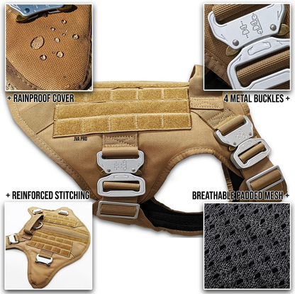 Pets Promax Tactical Dog Harness for Large Dogs – Military Grade, All-Metal Buckles Vest with Control Handle, No Plastic Componenets in Our Harness, Waterproof, No-Pull, No-Choke (Brown, L)